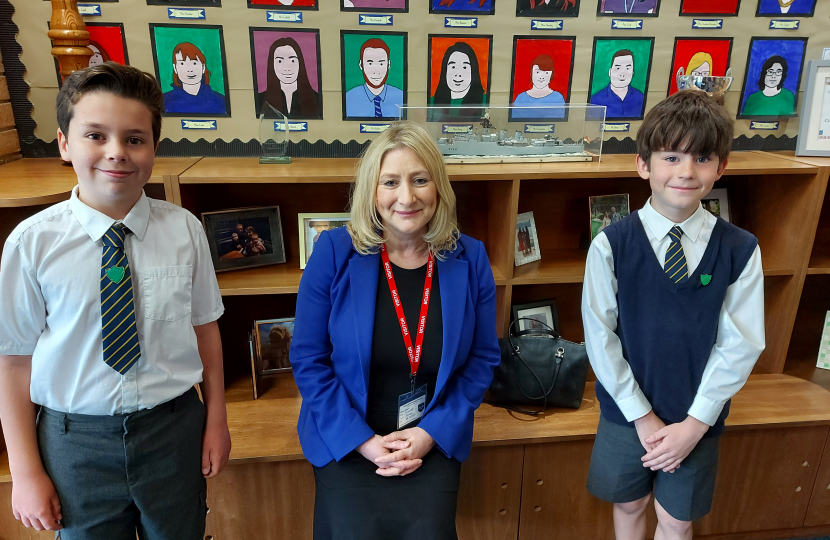 Suzanne Webb MP with the Head Boy and Deputy Head Boy of Greenfield Primary School