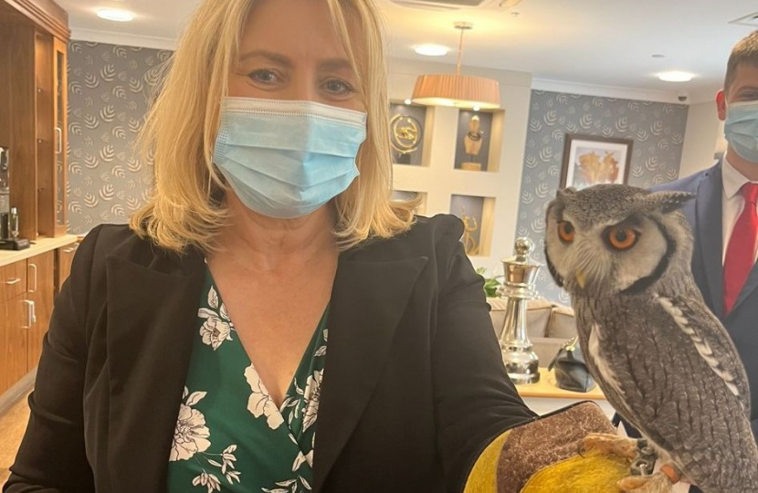 Suzanne Webb MP with Otto the owl at Parkfield Grange Care Home