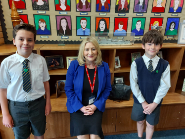 Suzanne Webb MP with the Head Boy and Deputy Head Boy of Greenfield Primary School