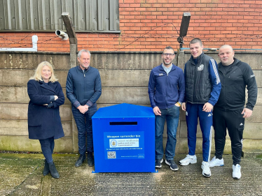 Suzanne Webb MP, Ade Passey, Jason Connon and Carl Collins with the knife bin